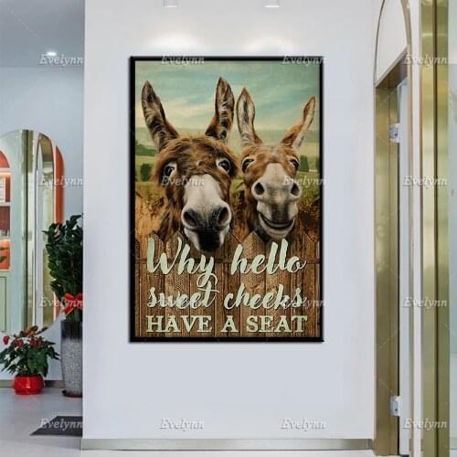 Donkey Couple Retro Poster Why Hello Sweet Cheeks Have A Seat Poster Toilet Restroom Wall Art Prints Home Decor Canvas Gift