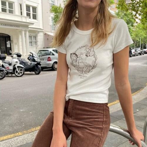 Butterfly Fairy Vintage Crop Top Women Summer Short Sleeve O-Neck Harajuku Cotton Y2k Tops Female 90s Casual Sexy Slim T-Shirt