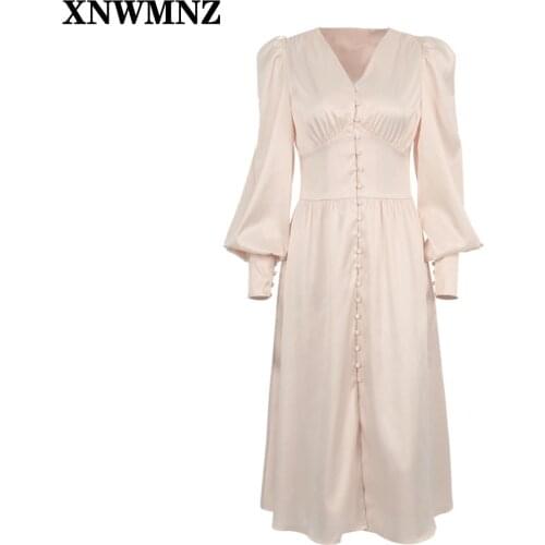 XNWMNZ Beige Single Breasted Sexy Dress Party Clud High Waist Satin Long Dress Elegant V Neck Women Midi Dresses Lantern Sleeve