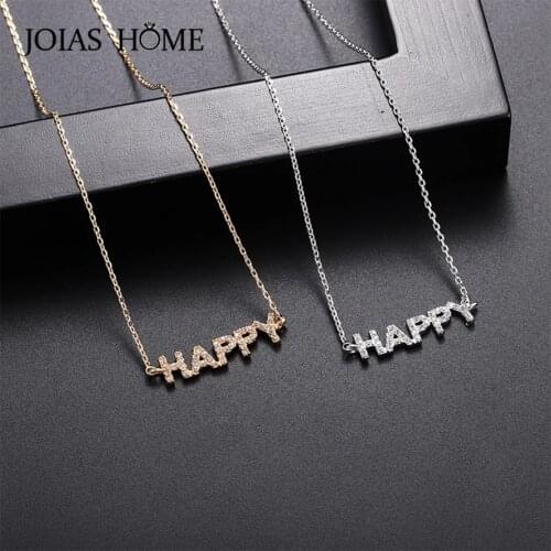 JoiasHome Silver 925 Jewelry Letter Necklace Happy Clavicle Chain Womens Zircon Micro Inlaid Birthday Accessories Female Gift