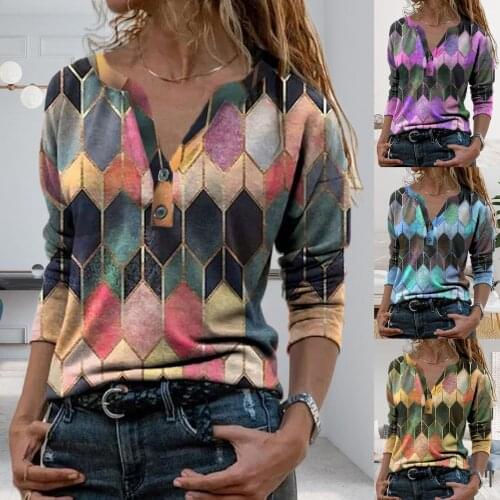 New 2020 Women Spring Autumn T-Shirts Retro Geometric Print Buttons Blouse Pullover V Neck Long Sleeve T-shirt