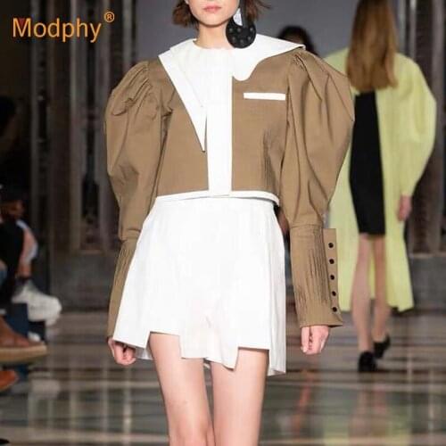 Elegant Hit Color Jacket Women Irregular Lapel Collar Bubble long sleeves Frills Short Coats Female Top 2020 Fashion Autumn
