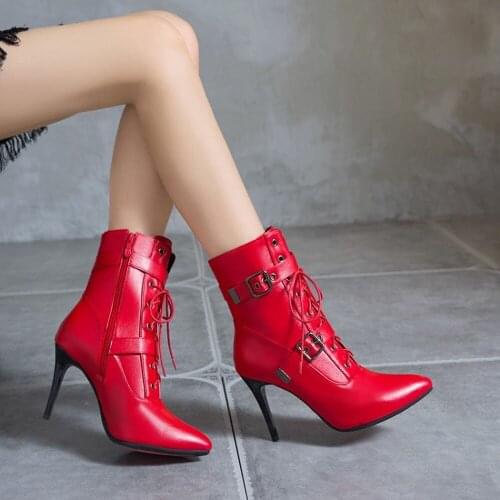 OLOMLB Womens Ankle Boots Belt Buckle Block Stilettos High Heel Shoes Warm Winter Plus Size Punk Motorcycle 5Colors