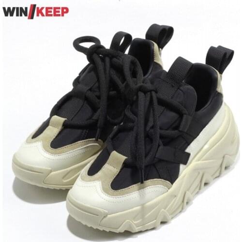 Women Running Shoes Genuine Leather Platform Sport Shoes Outdoor Fitness Jogging Sneakers Round Toe Patchwork Female Trainers