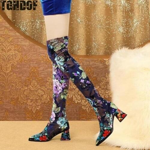 TGHFDOF Over The Knee Boots Printed Square Heel Womens Boots Plus Velvet Single Lining Womens Boots Round Toe High Boots2021