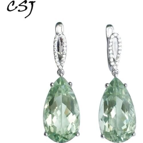 CSJ Fashion Natural Genuine Green Amethyst Pear Drop Earring 925 Sterling Silver Women and Lady Wedding Engagment Party Gift box