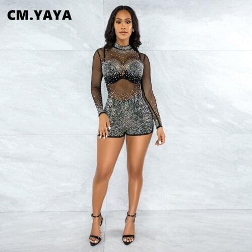 CM.YAYA Women Playsuit Mesh Diamonds Full Sleeve High Collar Zip Stretchy Skinny Bodycon Playsuits Sexy Rompers Autumn Outfits