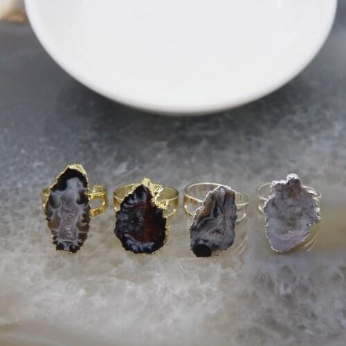 Natural Lace Agates Geode Quartz Drusy Fashion Adjustable Rings,Black White Agates Druzy Women Finger Ring Healing Jewelry