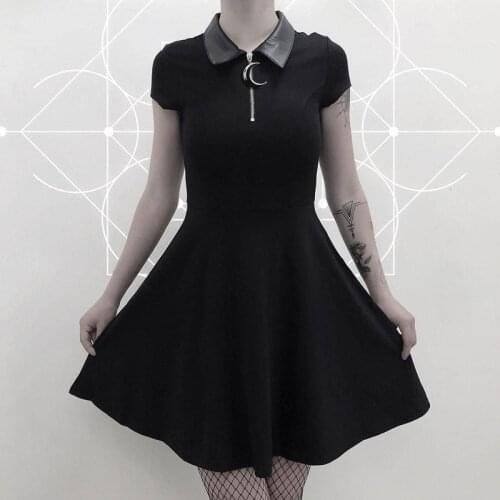 Vintage Gothic Black Mini Dress Women Party Sexy Turn-down Collar Short Sleeve Dresses Harajuku Female Dress Streetwear