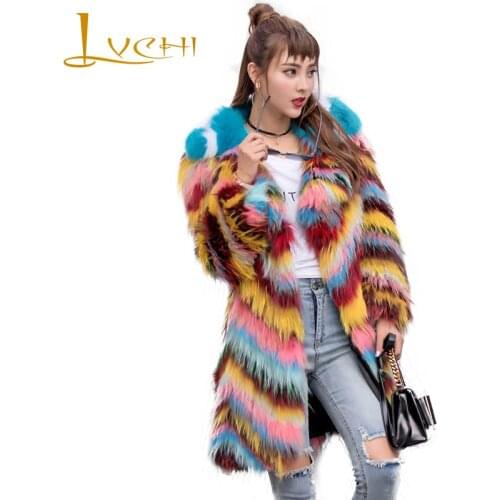 LVCHI Winter 2017Contrast Color Real Fox Fur Coats Real Natural Fox Fur Coat Womens Rainbow V-Neck Medium Causal Slim Fox Coats