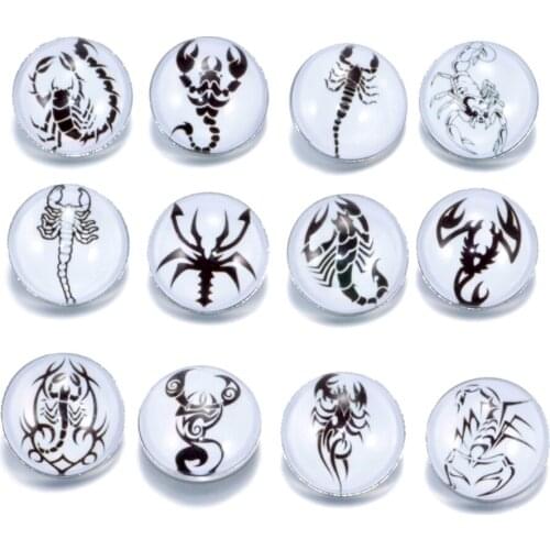 12pcs/lot Black Scorpion Pattern Charms 18mm Glass Snap Button For DIY Charms Bracelet 18mm Snaps Jewelry KZ0139