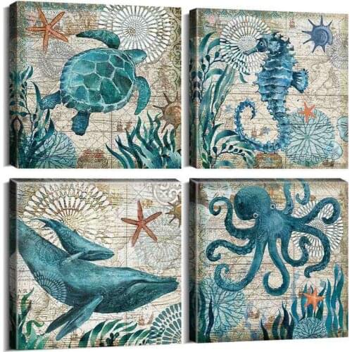 4pcs diamond embroidery full square round diamond mosaic Whale Octopus Bathroom Decor Turtle Seahorse Cross Stitch AnimalZP-1101