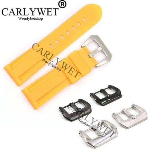 CARLYWET 24mm Yellow Waterproof Silicone Rubber Replacement Wrist Watch Band strap With Silver Black Buckle For Luminor