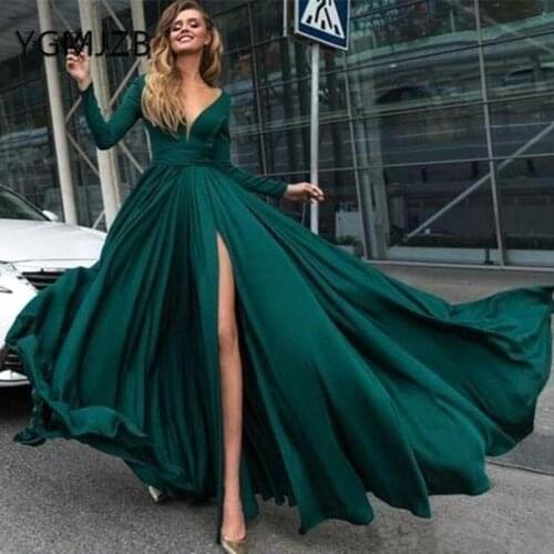 Long Evening Dresses 2019 A-line Deep V-neck Long Sleeve High Side Split Chiffon Saudi Arabic Women Formal Party Dress Prom Gown