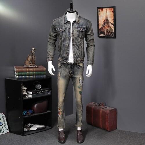 Spring Men Vintage Printed Turn-down Collar Denim Jacket Slim Embroidery Cowboy Coat + Jeans Pants Two Piece Set Male Streetwear