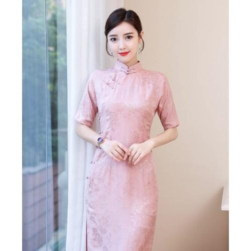 Elegant Cheongsam Chinese Traditional Womens Floral Long Dress Evening Summer Pink Casual Noble Female Qipao Dress Modern