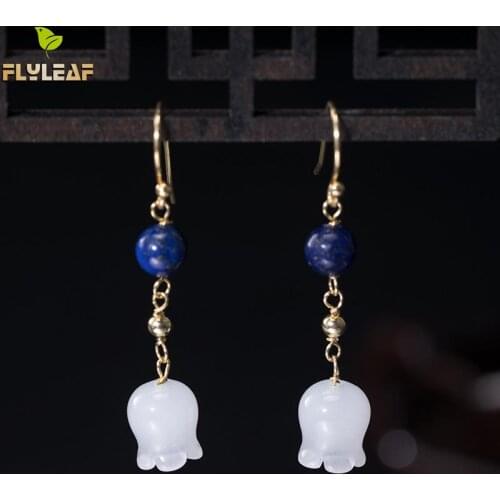 Flyleaf 100% Natural Stone Lapis Lazuli Gold Vintage Jade Earrings Real 925 Sterling Silver Drop Earrings For Women Fine Jewelry