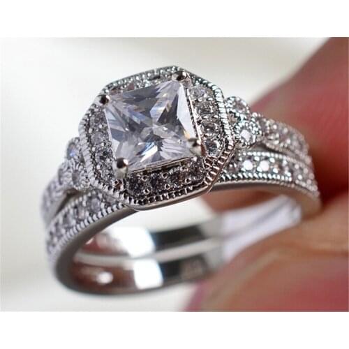 I & FDLK Fashion Womens Princess Cut White Rhinestone Filled Ring Set Ring For Bridal Wedding Engagement Jewelry Size 5-12