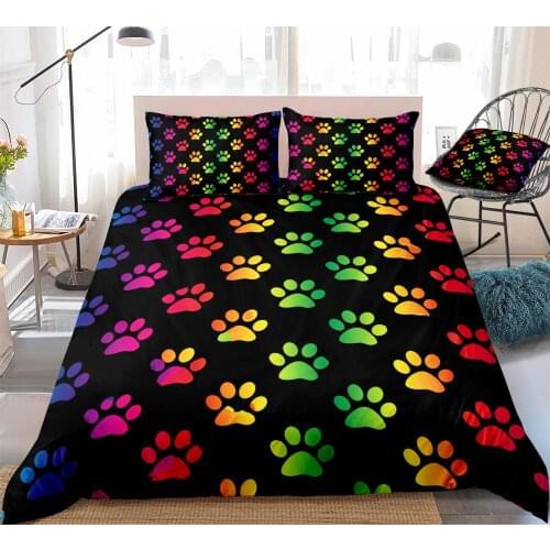 Rainbow Paws Duvet Cover Set Cartoon Pet Bedding Kids Boys Girls Colorful Quilt Cover Black Queen Bed Set Colorful Paw Dropship