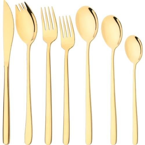 7Pcs Gold Cutlery Set 304 Stainless Steel Dinnerware Knife Dessert Fork Salad Spoon Tea Spoon Tableware Western Kitchen Flatware