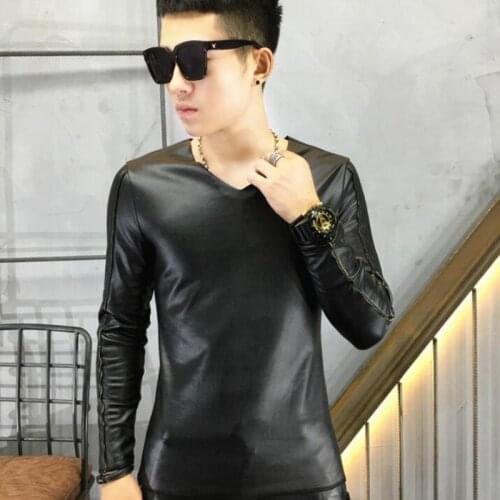 New autumn winter long-sleeved tight male tide V collar PU leather primer shirt leather t-shirt Korean Men Slim warm clothes