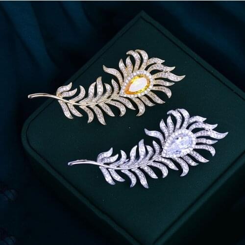 OKILY Luxurious Beautiful Feather Coat Suit Scarf Christmas Gift CZ Brooches for Women Big Zirconia Plume Brooch Pins