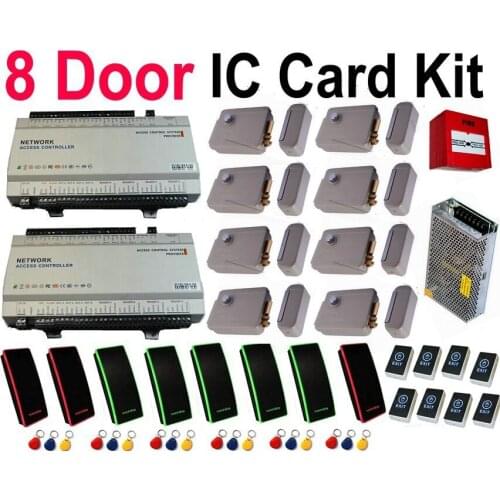 8 Doors Access Controller Panel board with TCP/IP+Web browser control+8 Electrical Rim Control lock+8 M1 IC Card reader 13.56MHz