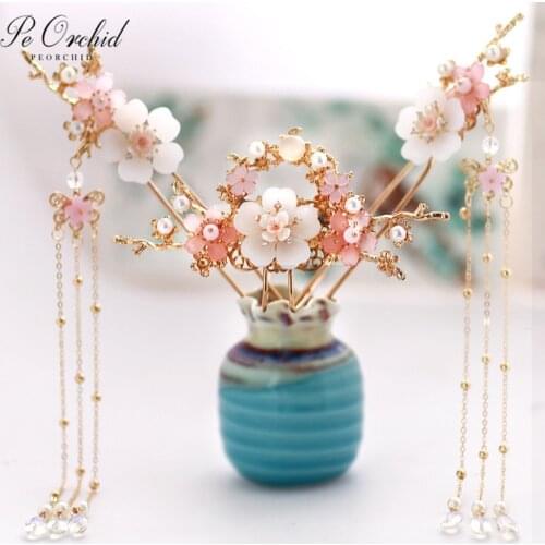 PEORCHID Chinese Style Ancient Costume Hairpin Hanfu Kanzashi Tassel Step Shake Women Elegant Bride Headdress Hair Jewelry