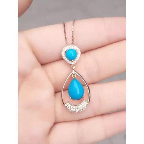 Natural green turquoise stone pendant S925 silver Natural Gemstone Pendant Necklace Fashion Long water droplets women jewelry