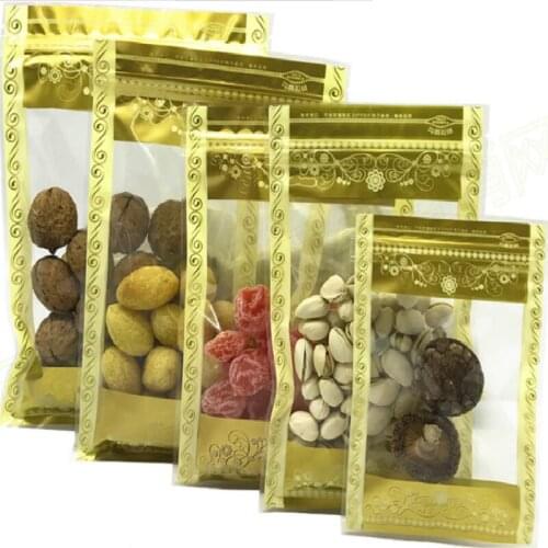 50pcs 22x30cm Gold flower pattern ziplock zipper bag Transparent window food gift candy coffee powder packing sealing pocket