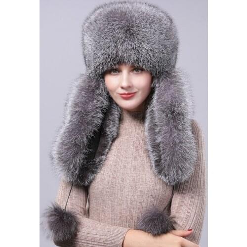 Real Fox Raccoon Pi Leifeng Hat Fur Hat Female Fashion Russian Chubby Natural Warm Fluffy Fur Hat With Tail