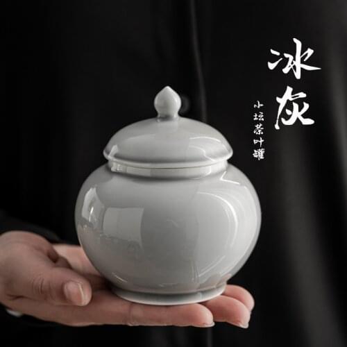 Ice Gray Glazed Small Altar Tea Caddy Creative Japanese Household Small Ceramic Sealed Pot Simple Pu'Er Mug Teaset Accessories