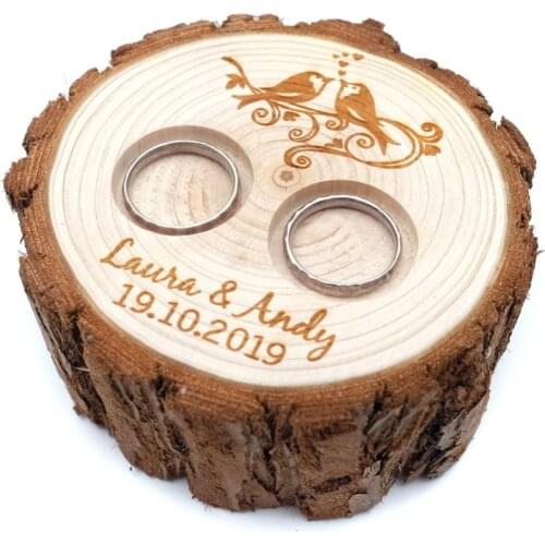 Love Birds Rustic Ring Box, Personalized Ring Bearer Pillow, Custom Wooden Ring Box, Wedding Wood Slice
