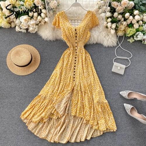 Syiwidii Boho Floral Print Midi Dress for Women 2021 Sexy Backless V Neck A Line Irregular Ruffles Party Evening Summer Dresses