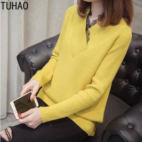 TUHAO Women lace neck Knitted Sweater Sweet-Girls Pullovers Bottom V-Neck Shirts Autumn winter Fashion tops office HC127