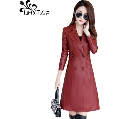UHYTGF New Autumn leather Jacket Women long Windbreaker Coats Double-breasted Slim Leather Jacket lapel M-5XL Plus size Coat 959