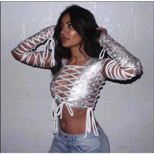 BKLD Sexy Lace Up Hollow Out Cropped Tee Women T-shirts Night Club Party Tops 2020 New Spring Long Sleeve Shiny Diamond Crop Top