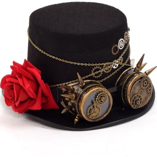 Vintage Gears Deco Red Rose Black Fedora Top Hat for Women Men Party Cosplay Head Wear