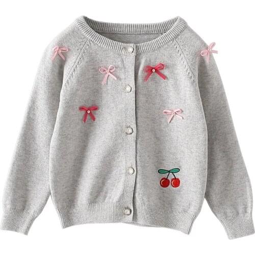 Spring and Autumn Season Beaded Bowknot Round Neck Girls' Knitted Cardigan Long Sleeve Jacket Childrens Sweater Cardigan Shawl