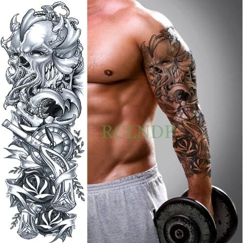 Waterproof Temporary Tattoo Sticker skull head gun cool full arm fake tatto flash tatoo sleeve large size for men women lady