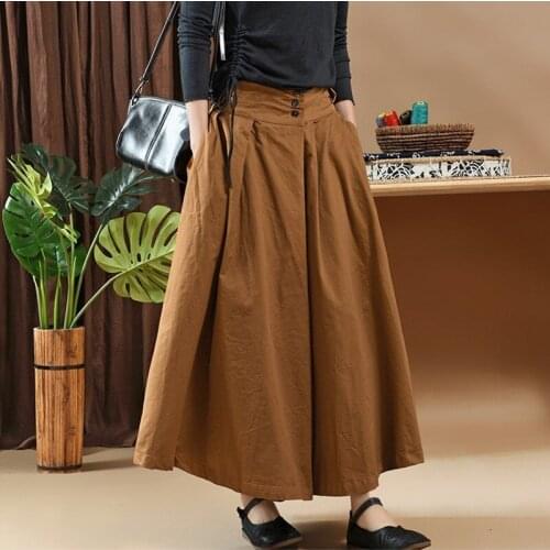 2020 New Brand Vintage Elastic Waist Big Hem Womens Pleated Skirts Solid Loose Fit Cotton and Linen Female Medium Length Skirts