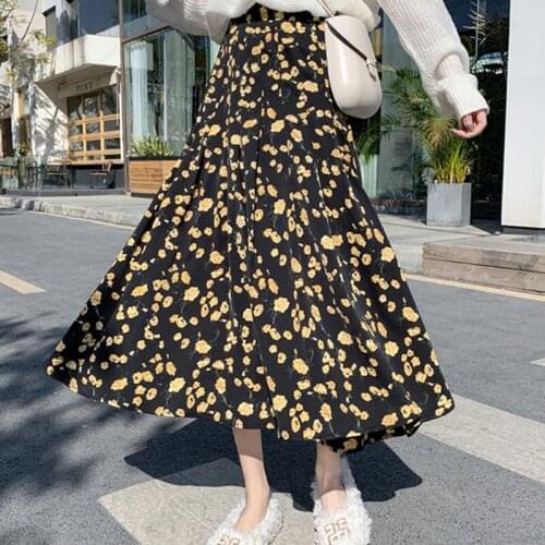 Women Summer Skirts Retro Mid-length High Waist Chiffon Floral Pleated Casual Skirts