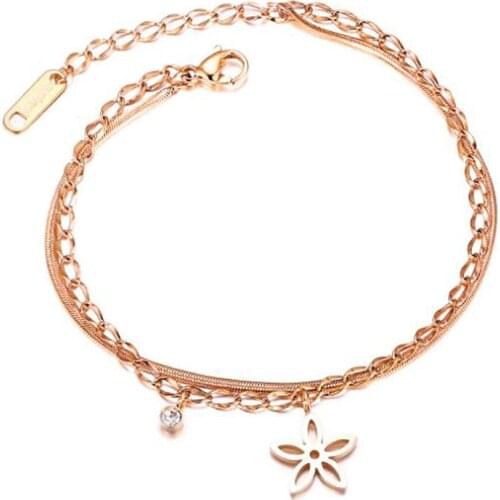 Stainless Steel Minimalist Fashion Delicate Hollow Flower Rose Gold Women Crystal Chain Link Bracelet Bangle Jewelry Gift
