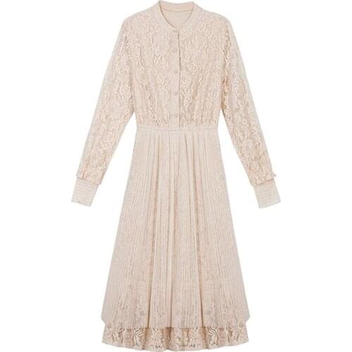 2019 Autumn Dress Women Long Sleeve Lace Dress Big Size Dress Elegant Lady Stand Collar Long Party Dressess Vestidos платье 1054