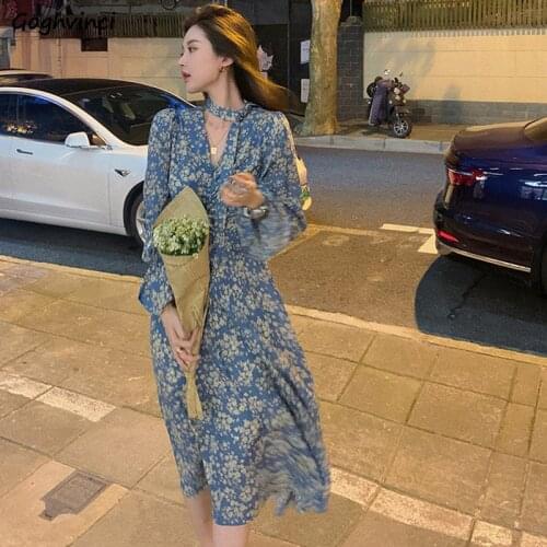 Women Long Sleeve Dresses Floral Slim V-neck High Waist French Fashion Trendy Elegant Flare Ruffles Leisure Daily Date Party