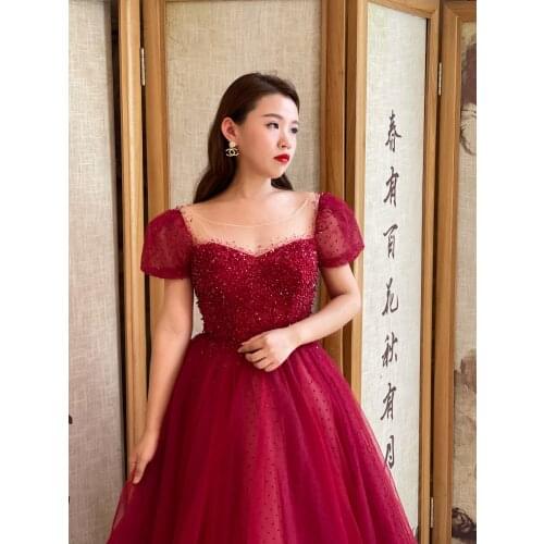 Red Puff Sleeves For Women Eveningdress A-Line Long Luxury 2020 Party Wedding With Diamond For Women Party Beading Formal Dress