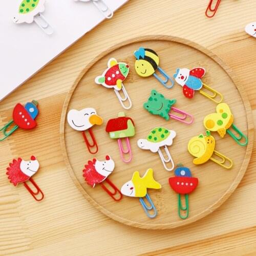 12pc Color Retro Paper Clip Animal Bookmark Decorative Paperclip Photo Wooden Cartoon Pin Card Stationery School Prize Gift