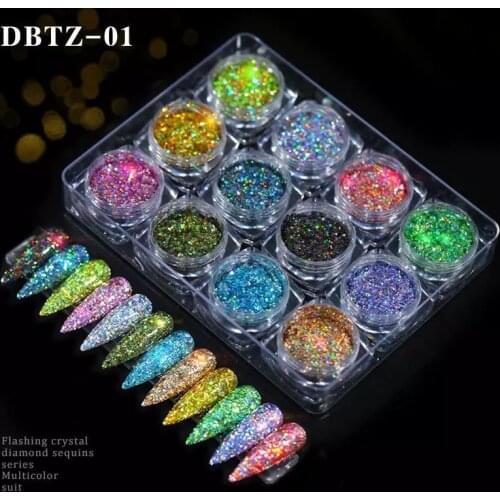 12Pcs/Set Nail Shimmer Glitter Mixed Powder Gradient Sparkle Chunky Glitter Sequins Flakes Irridescent Glitter For Manicure