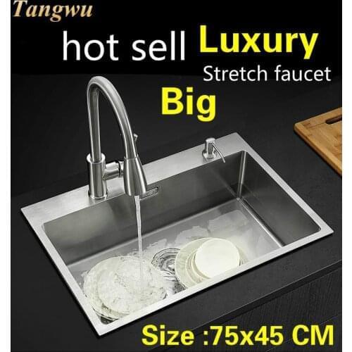 Free shipping kitchen manual sink single trough do the dishes stainless steel hot sell big 75x45 CM