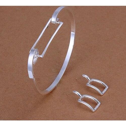 Free Shipping Charm Christmas Gifts Fashion Lovely Silver Color Jewelry Sets Silver Jewelry Round Square Earrings Bangle S261